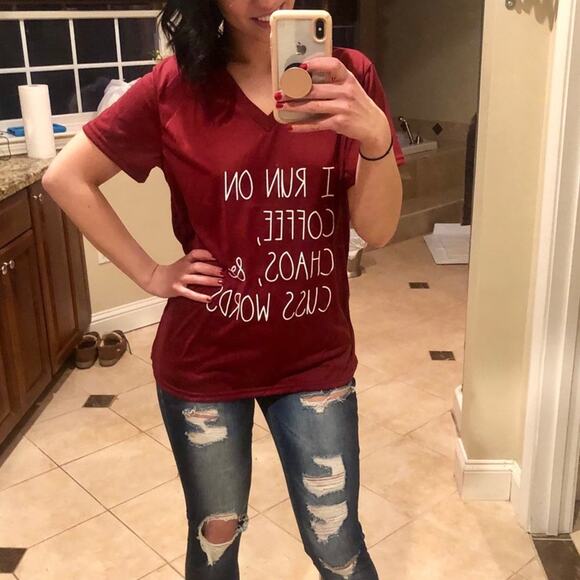 Franeca's Coffee Chaos & Cuss Words T-Shirt Wine Red V-Neck T-Shirt Small - Picture 2 of 4